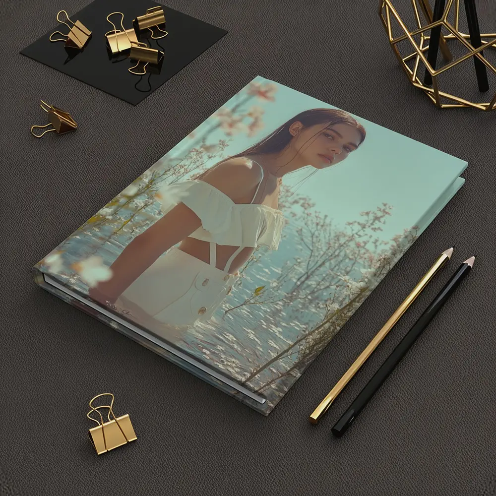 Young Woman Standing Among White Flowers Water – Notebooks