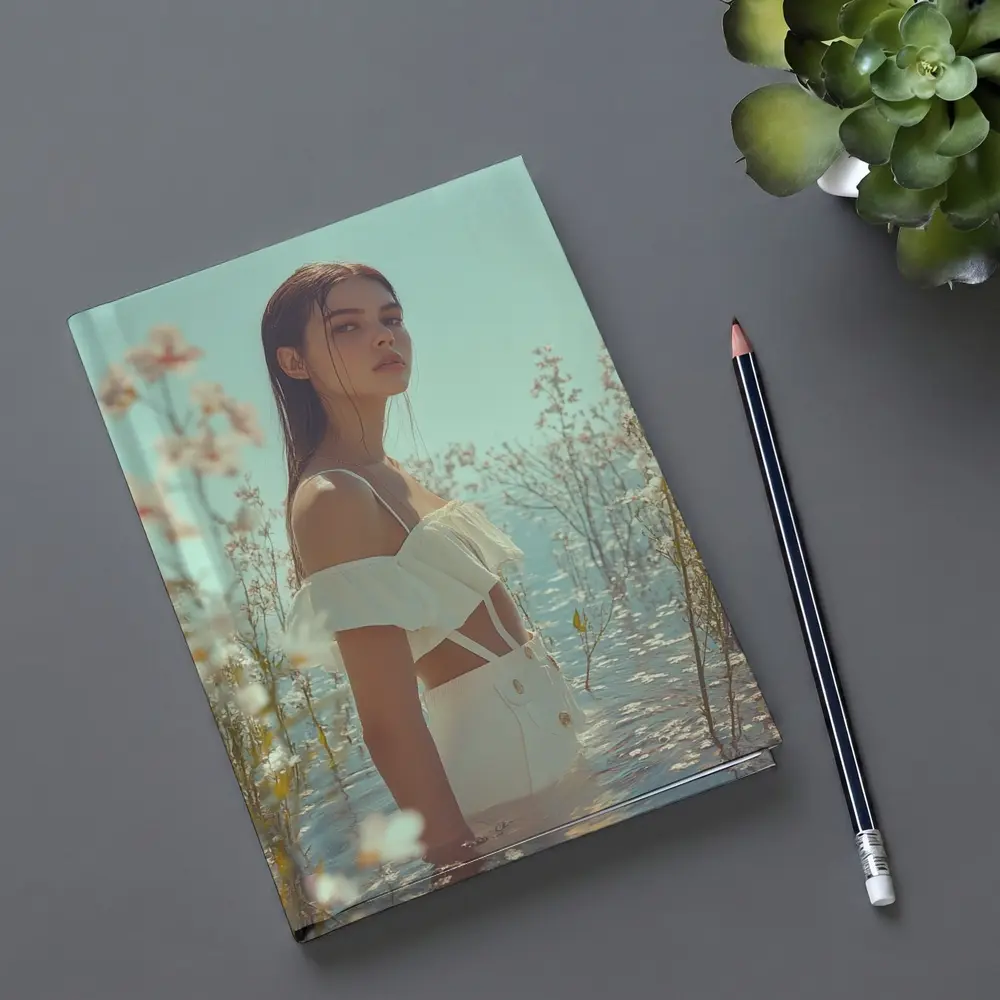 Young Woman Standing Among White Flowers Water – Notebooks