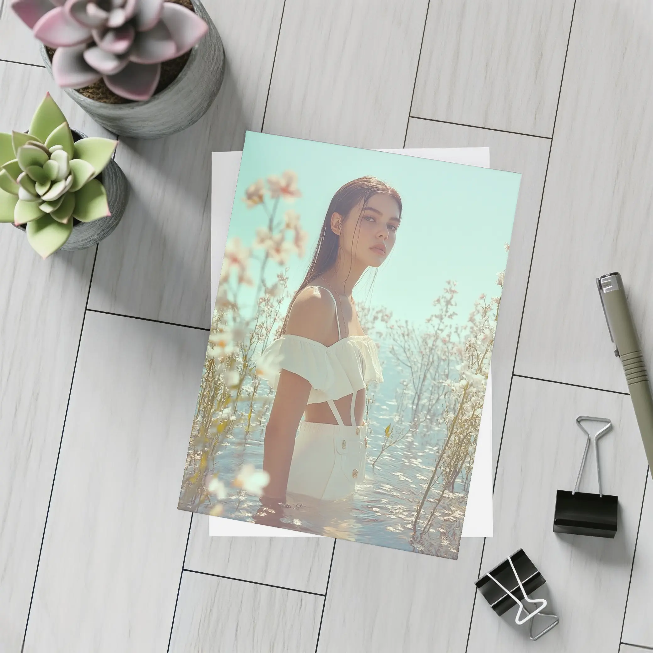 Young Woman Standing Among White Flowers Water – Postcards