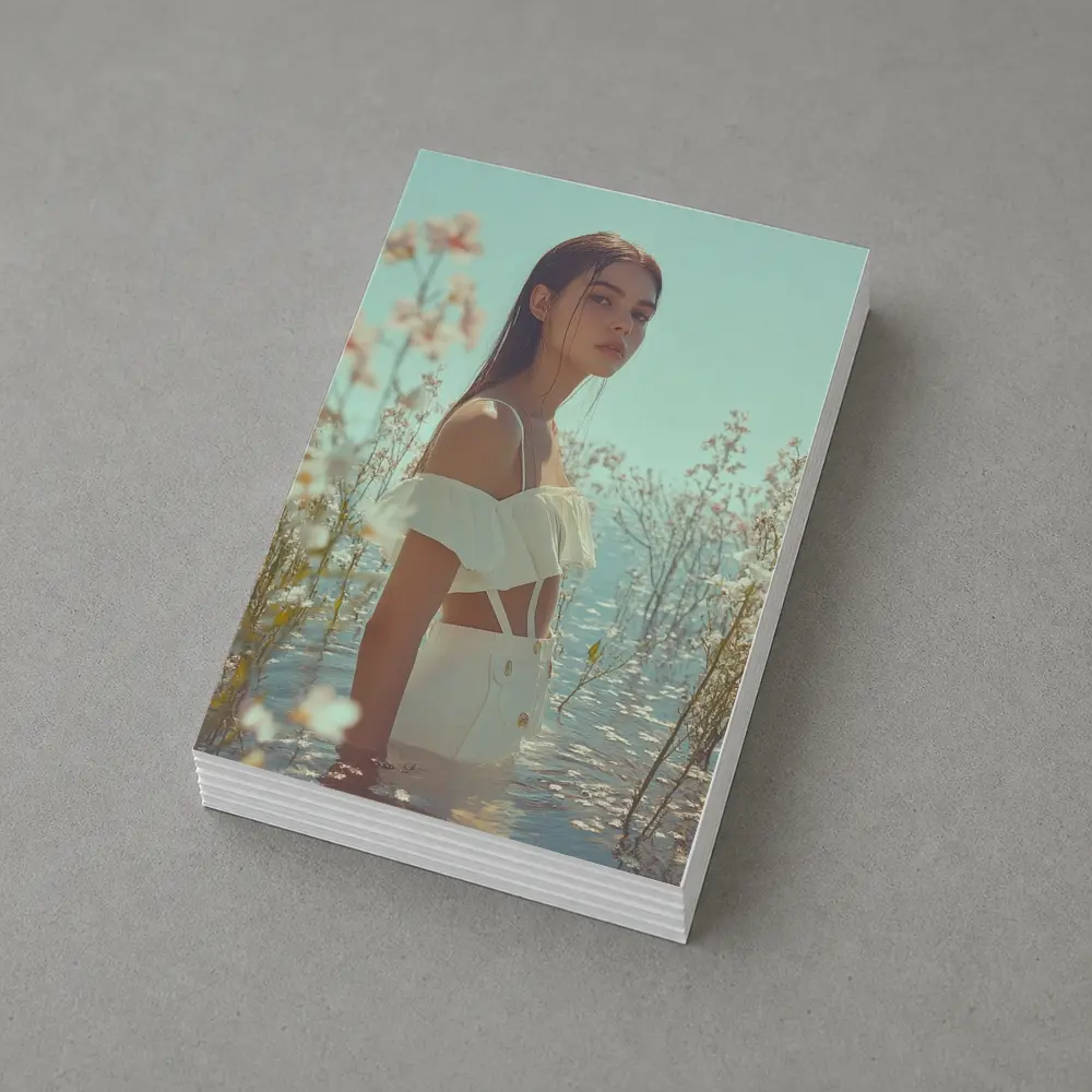 Young Woman Standing Among White Flowers Water – Postcards