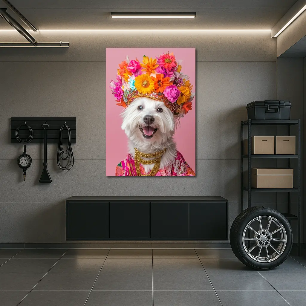 West Highland Terrier Floral Crown Pink Background – Wall Art