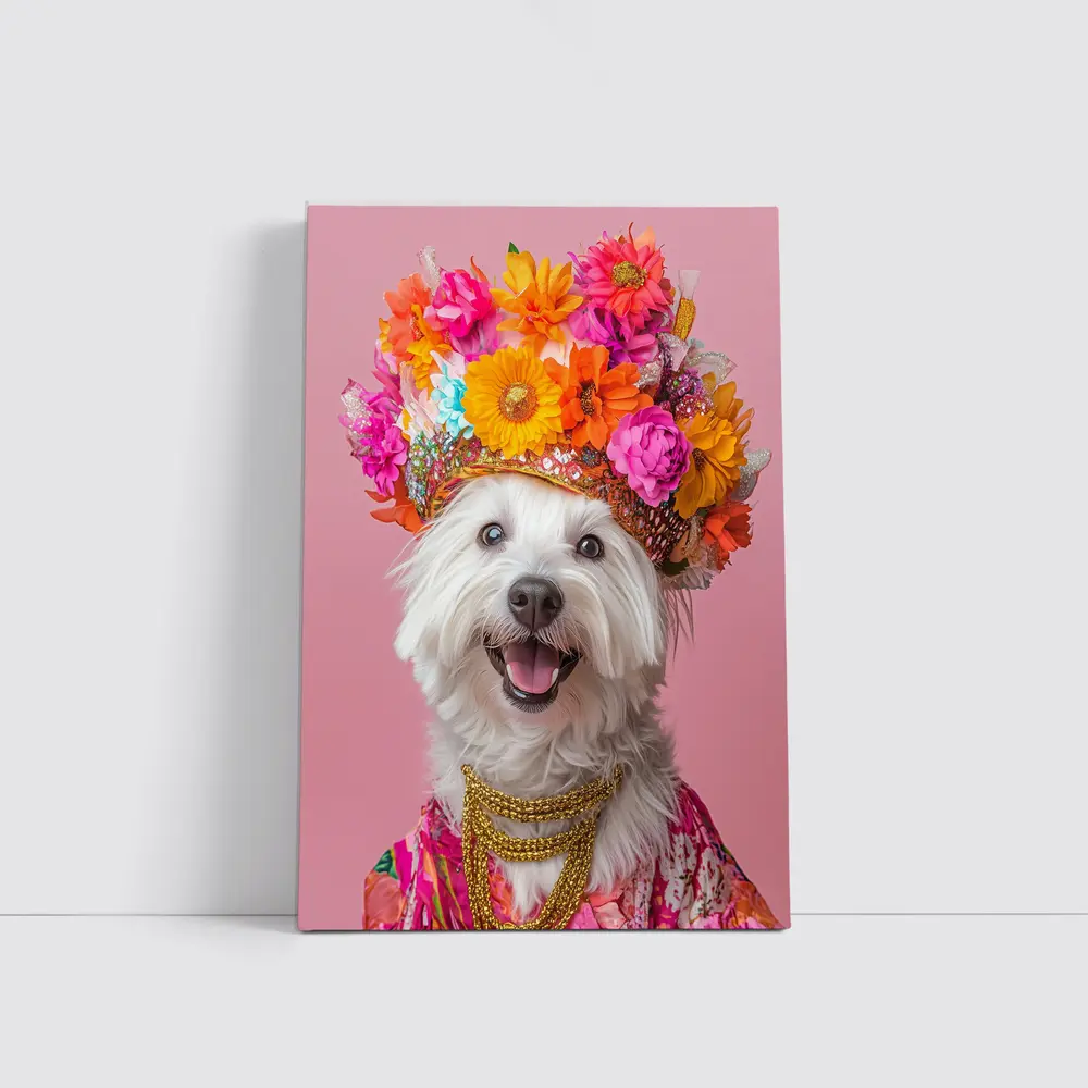 West Highland Terrier Floral Crown Pink Background – Wall Art