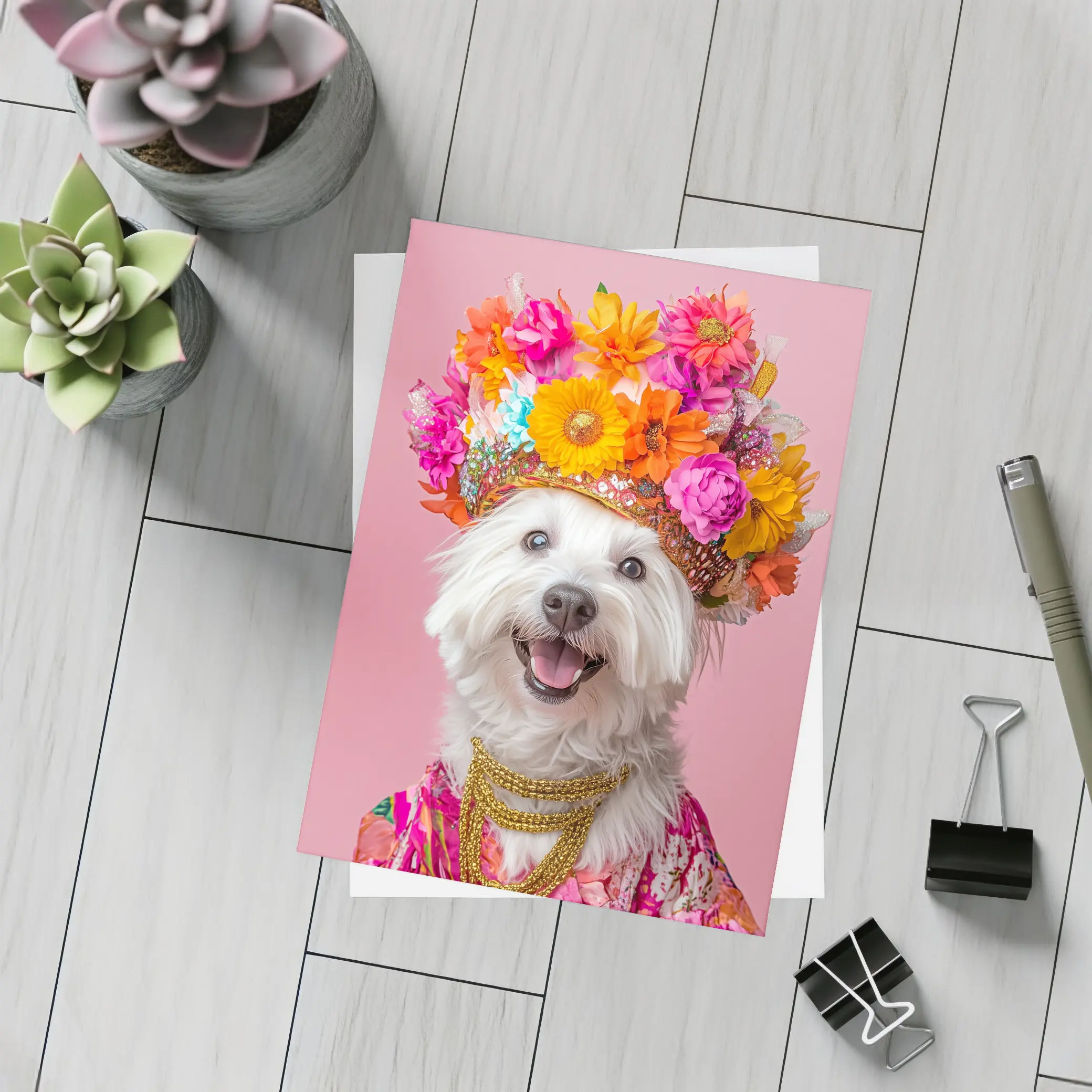 West Highland Terrier Floral Crown Pink Background – Postcards
