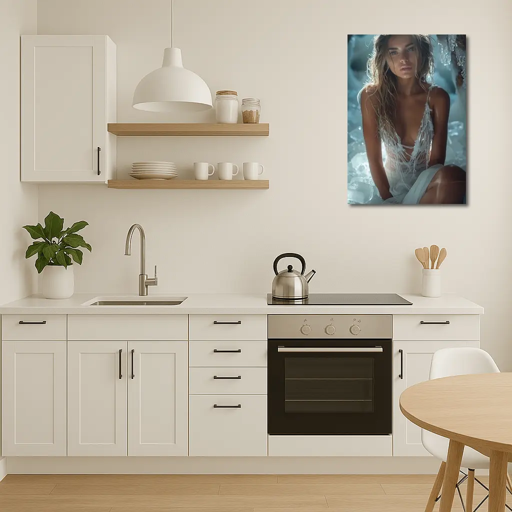 Woman in White Dress Among Ice Rocks – Wall Art