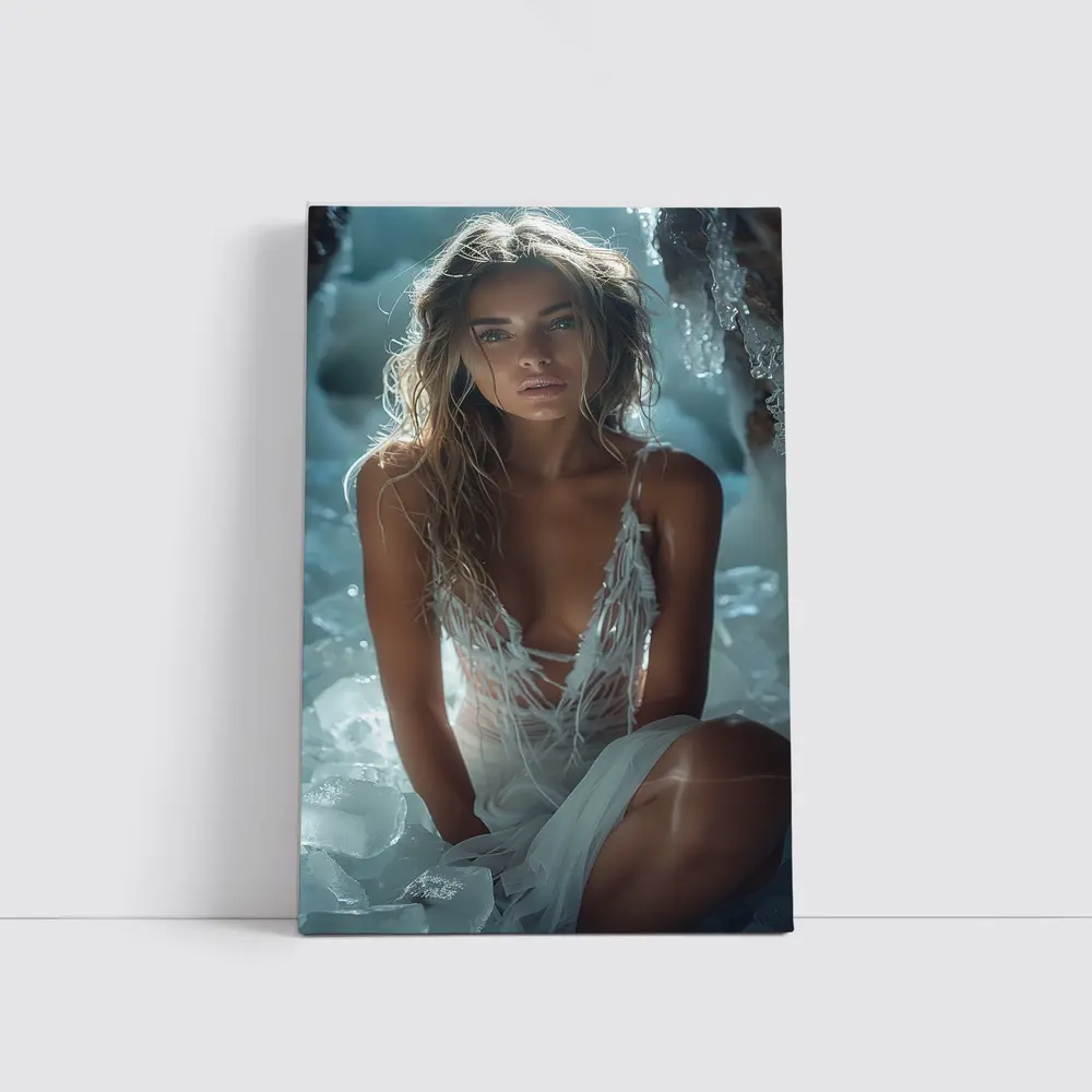 Woman in White Dress Among Ice Rocks – Wall Art