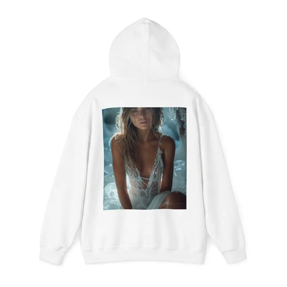 Woman in White Dress Among Ice Rocks – Hoodies