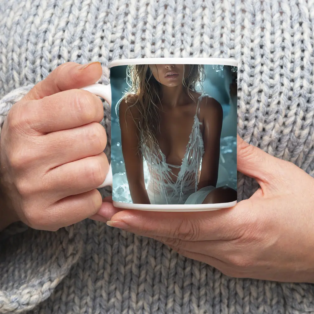 Woman in White Dress Among Ice Rocks – Mugs