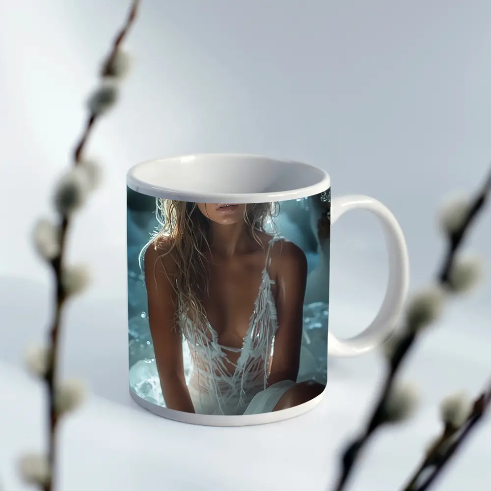 Woman in White Dress Among Ice Rocks – Mugs