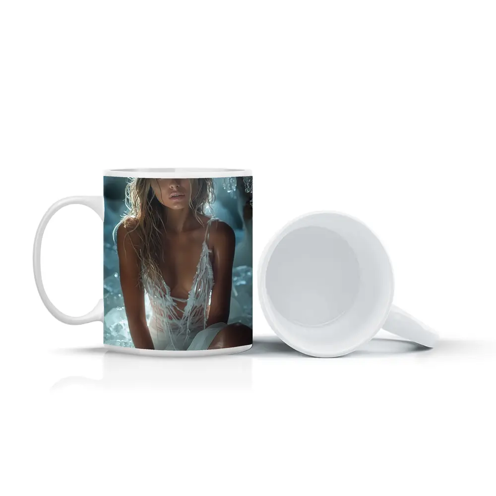Woman in White Dress Among Ice Rocks – Mugs