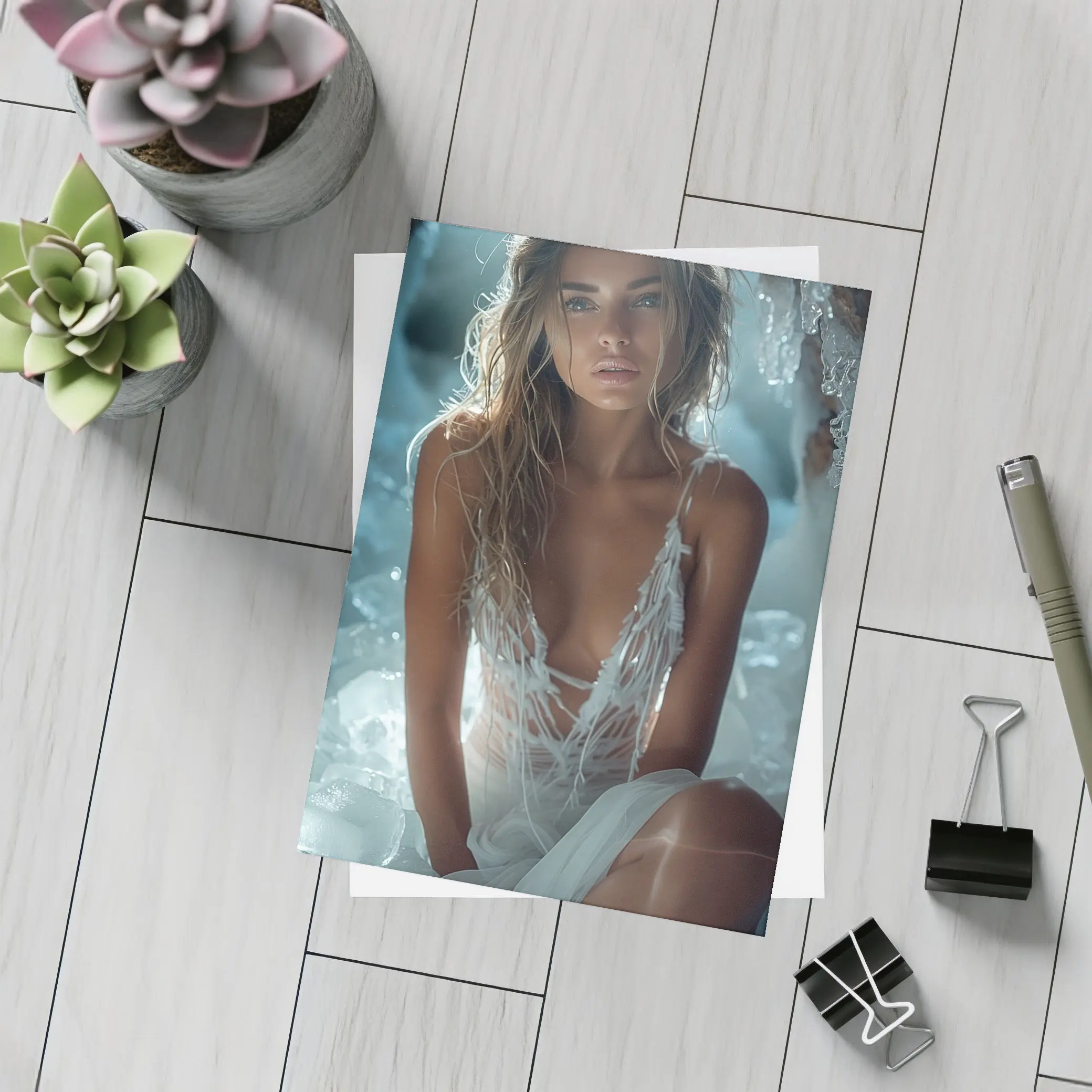 Woman in White Dress Among Ice Rocks – Postcards