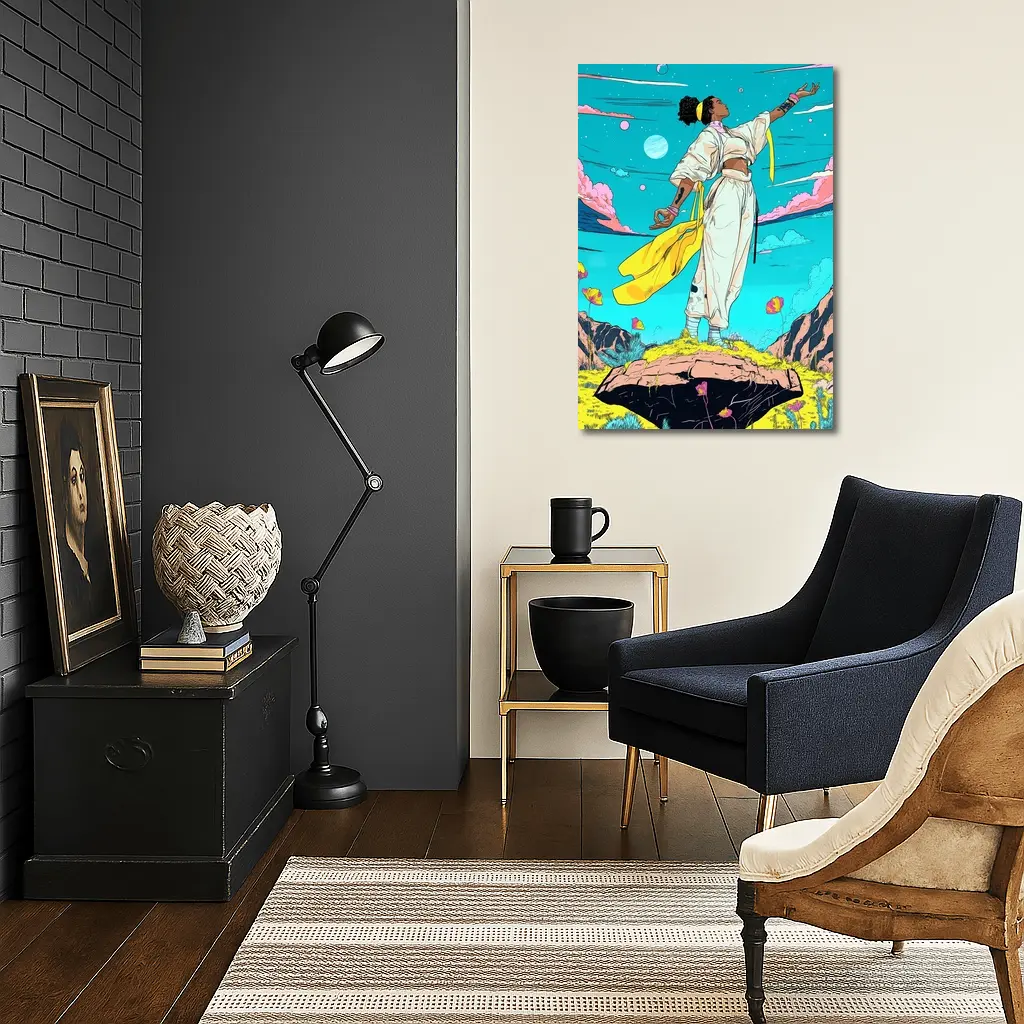 Black Woman Standing Sky Comic Art Style – Wall Art