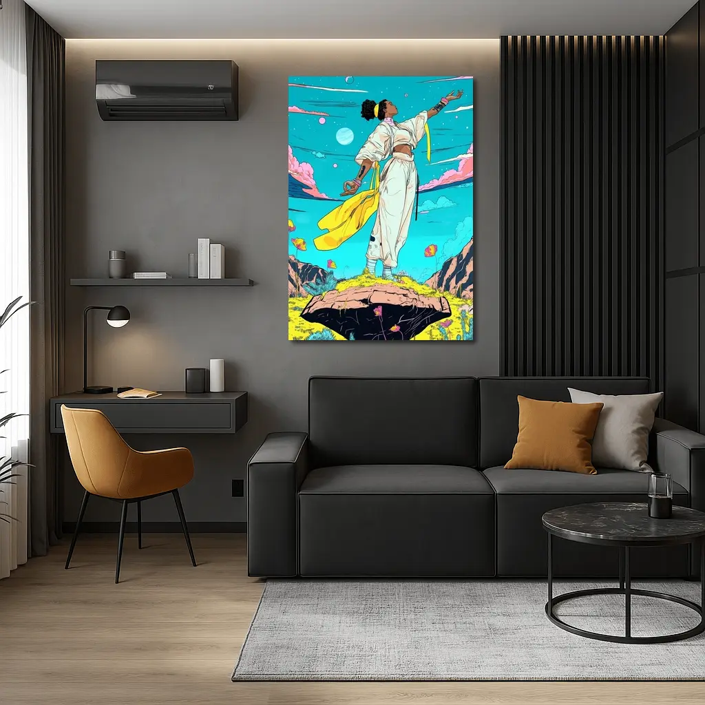 Black Woman Standing Sky Comic Art Style – Wall Art