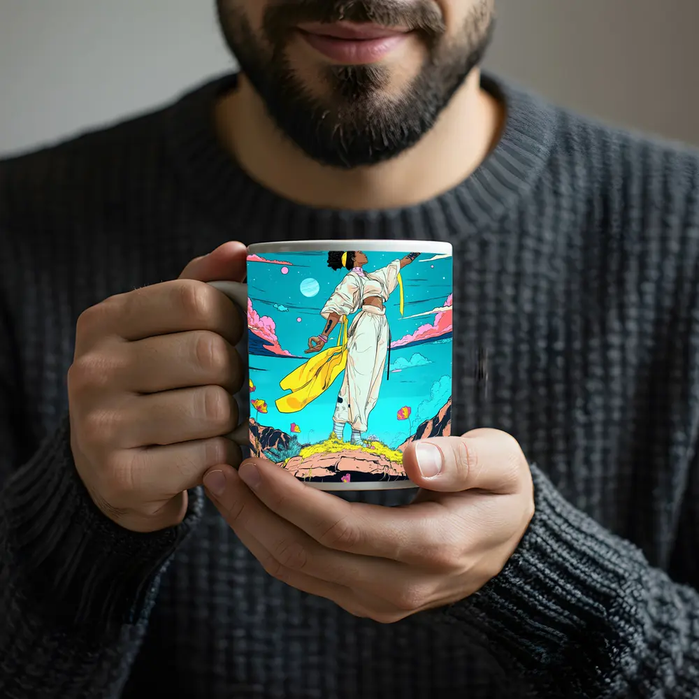 Black Woman Standing Sky Comic Art Style – Mugs
