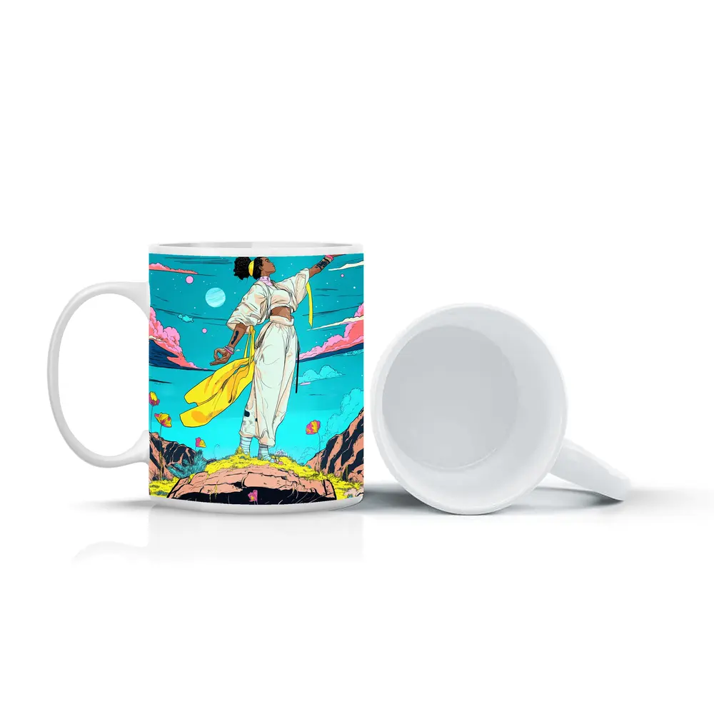Black Woman Standing Sky Comic Art Style – Mugs