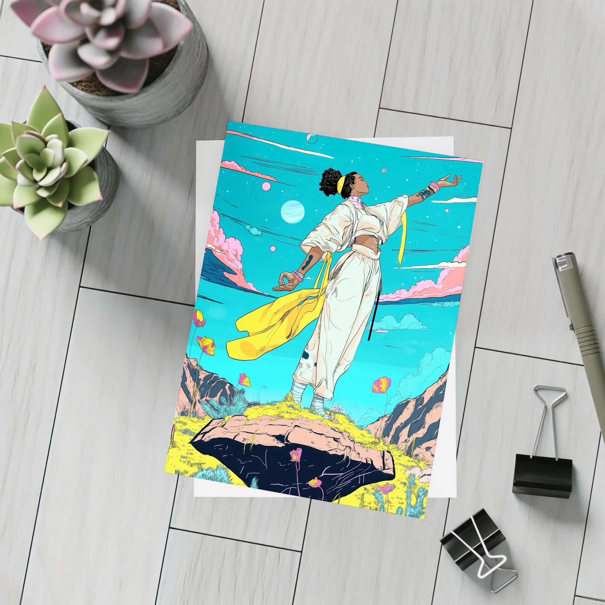 Black Woman Standing Sky Comic Art Style – Postcards