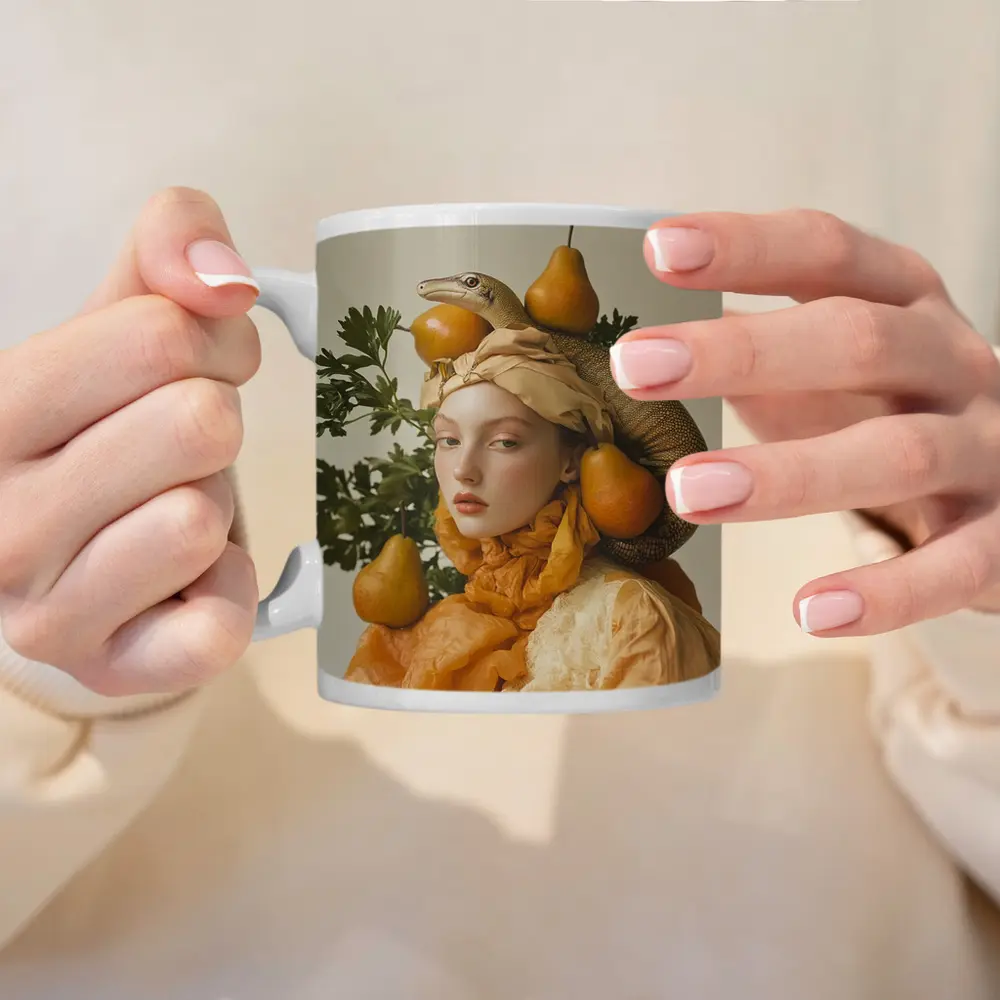 Woman With Lizard Pears Surreal Fashion Portrait – Mugs