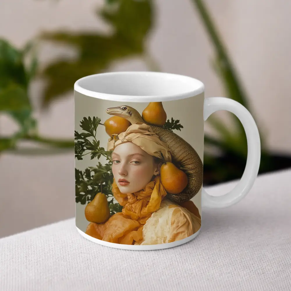 Woman With Lizard Pears Surreal Fashion Portrait – Mugs