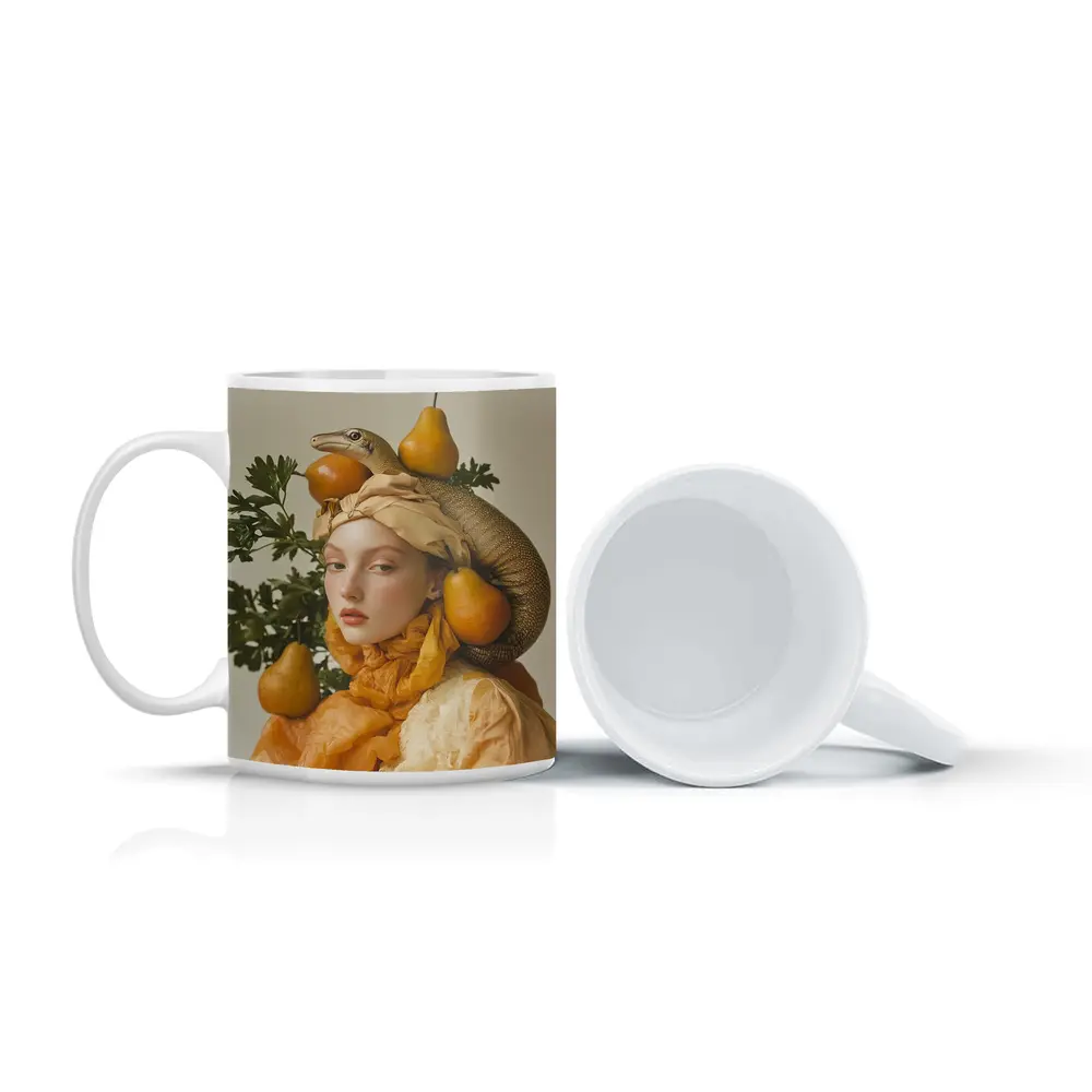 Woman With Lizard Pears Surreal Fashion Portrait – Mugs