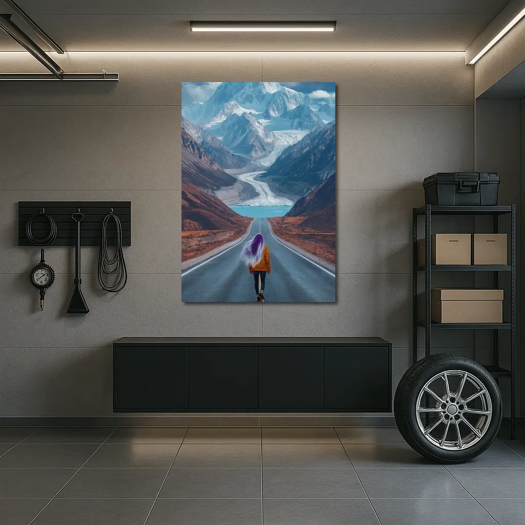 Girl Skateboarding Road Toward Snowy Mountains – Wall Art