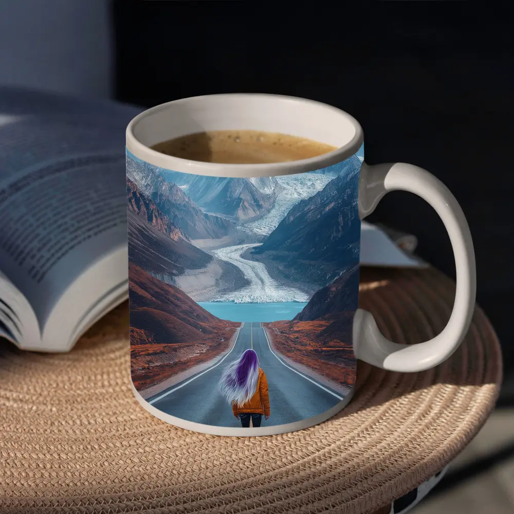 Girl Skateboarding Road Toward Snowy Mountains – Mugs