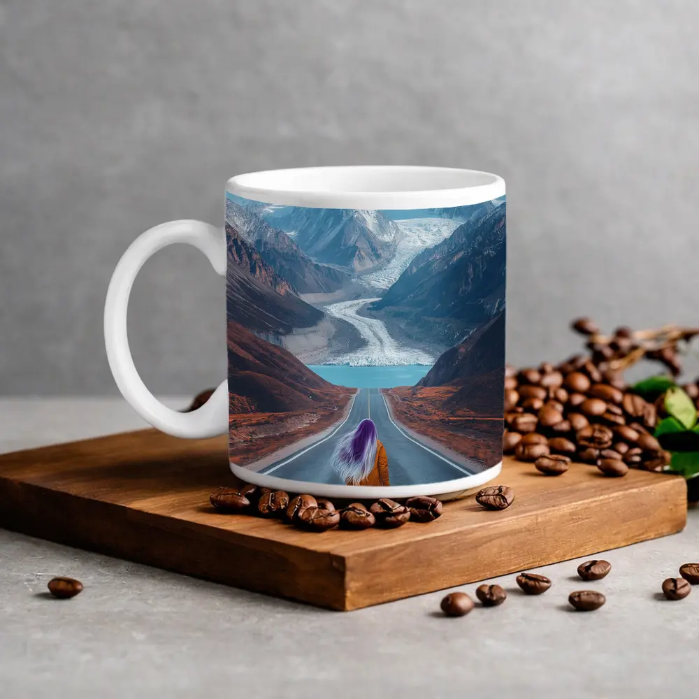 Girl Skateboarding Road Toward Snowy Mountains – Mugs