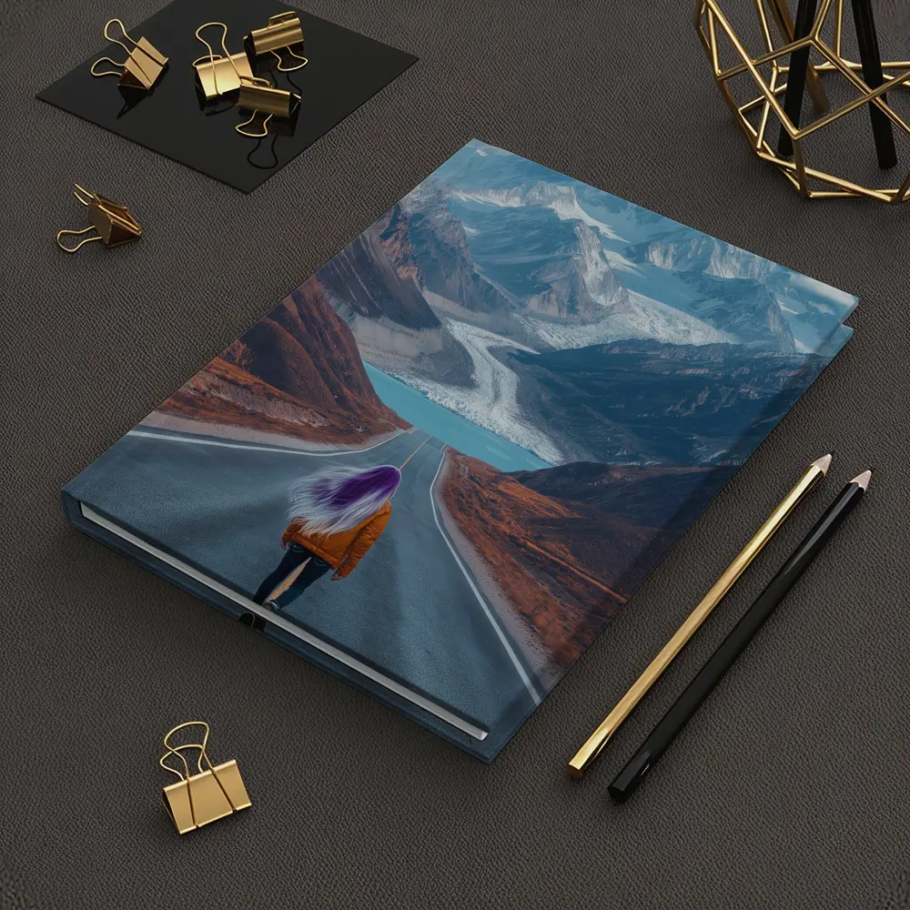 Girl Skateboarding Road Toward Snowy Mountains – Notebooks