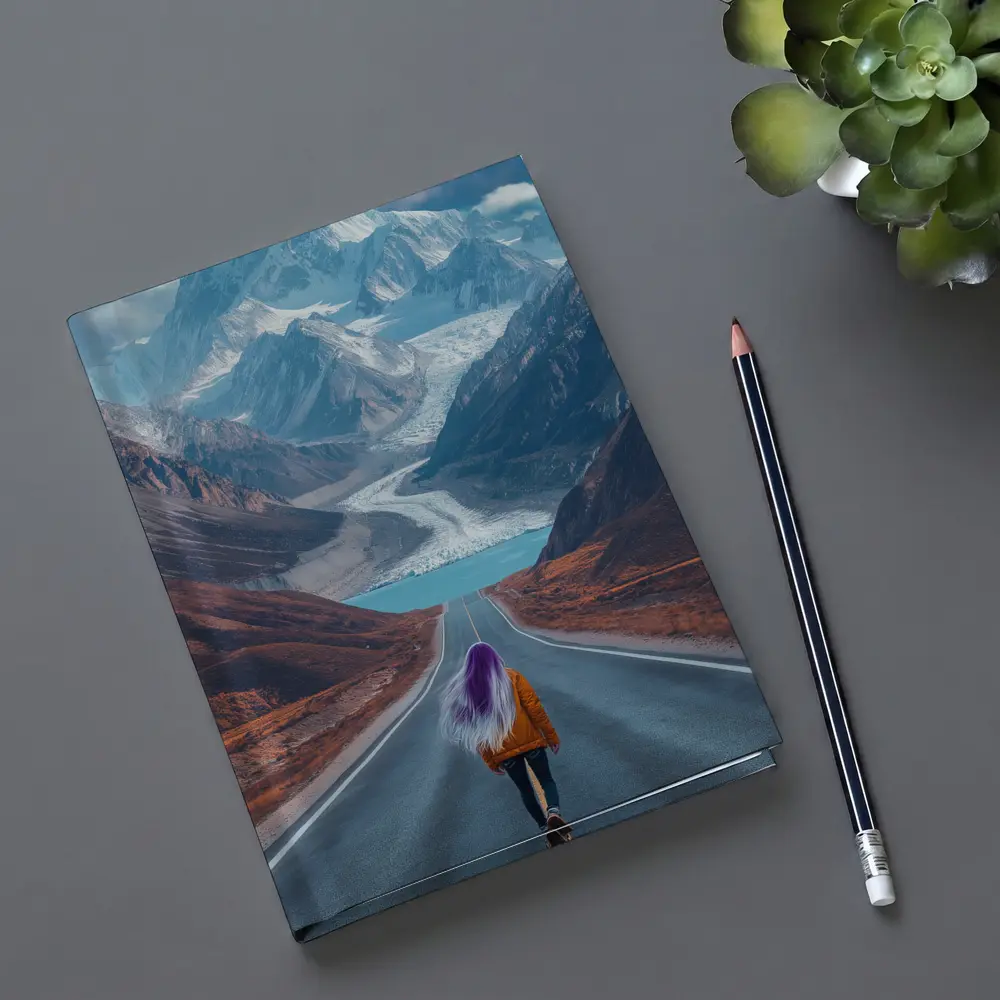 Girl Skateboarding Road Toward Snowy Mountains – Notebooks