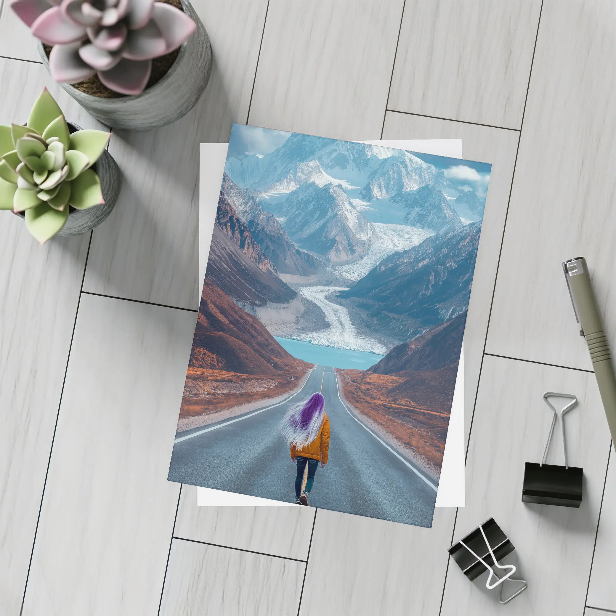 Girl Skateboarding Road Toward Snowy Mountains – Postcards