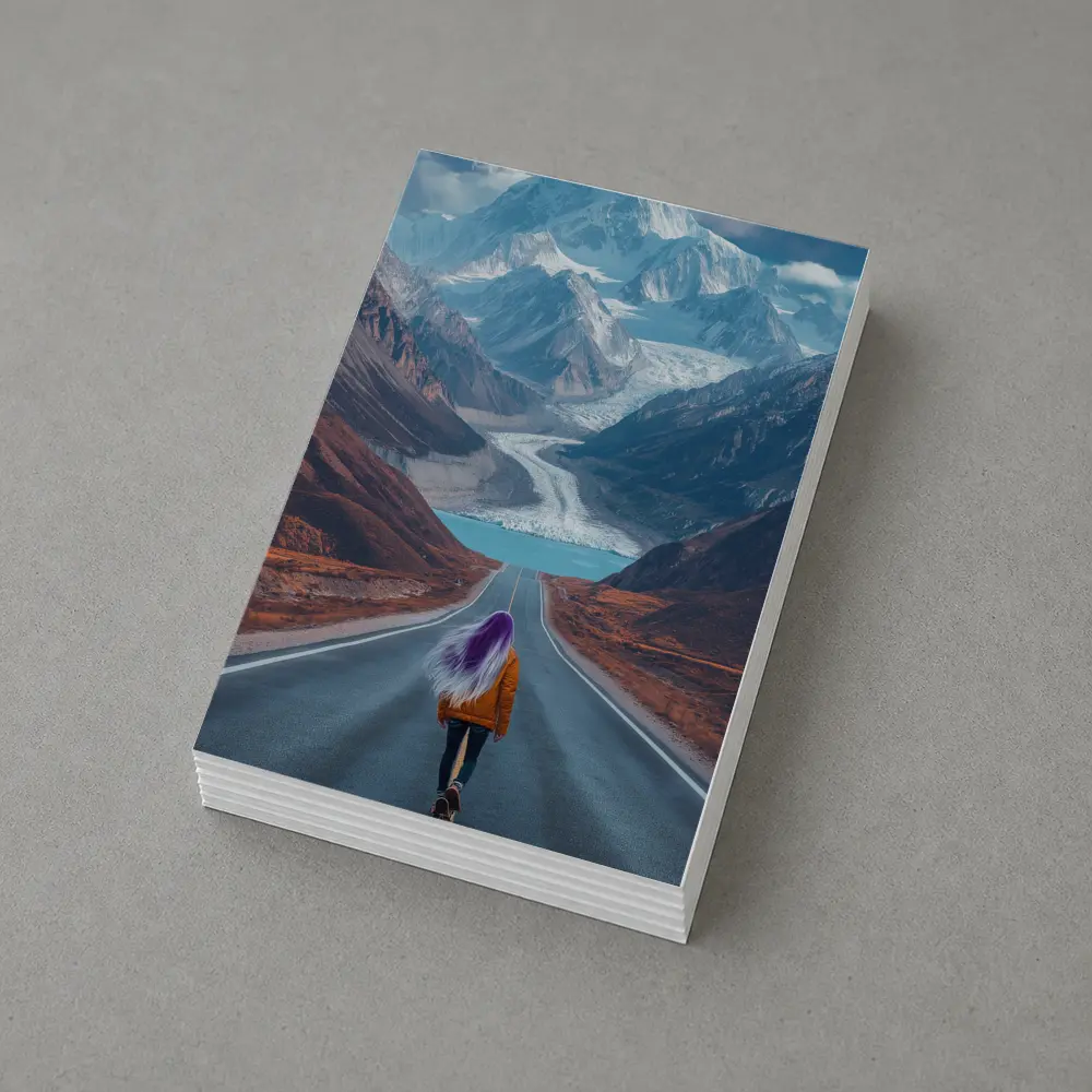 Girl Skateboarding Road Toward Snowy Mountains – Postcards