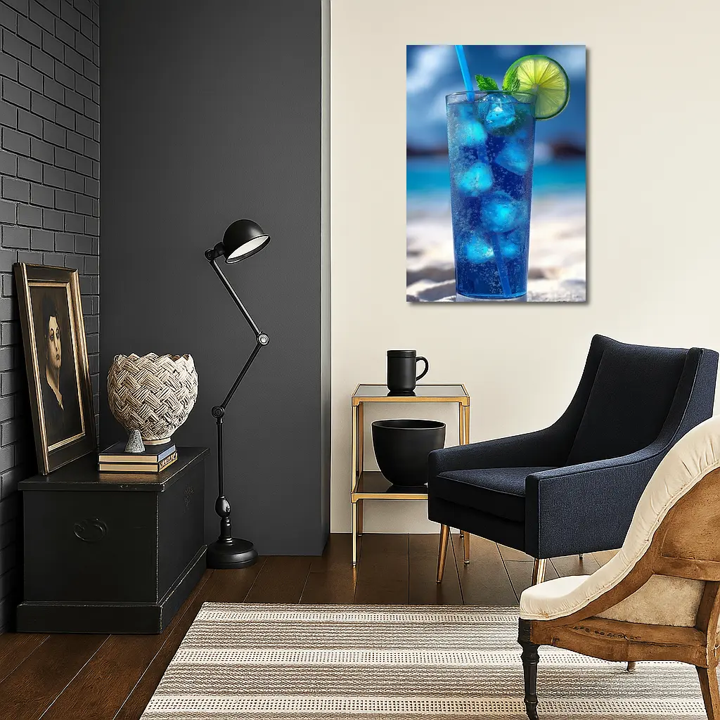Blue Cocktail With Lime On Beach – Wall Art