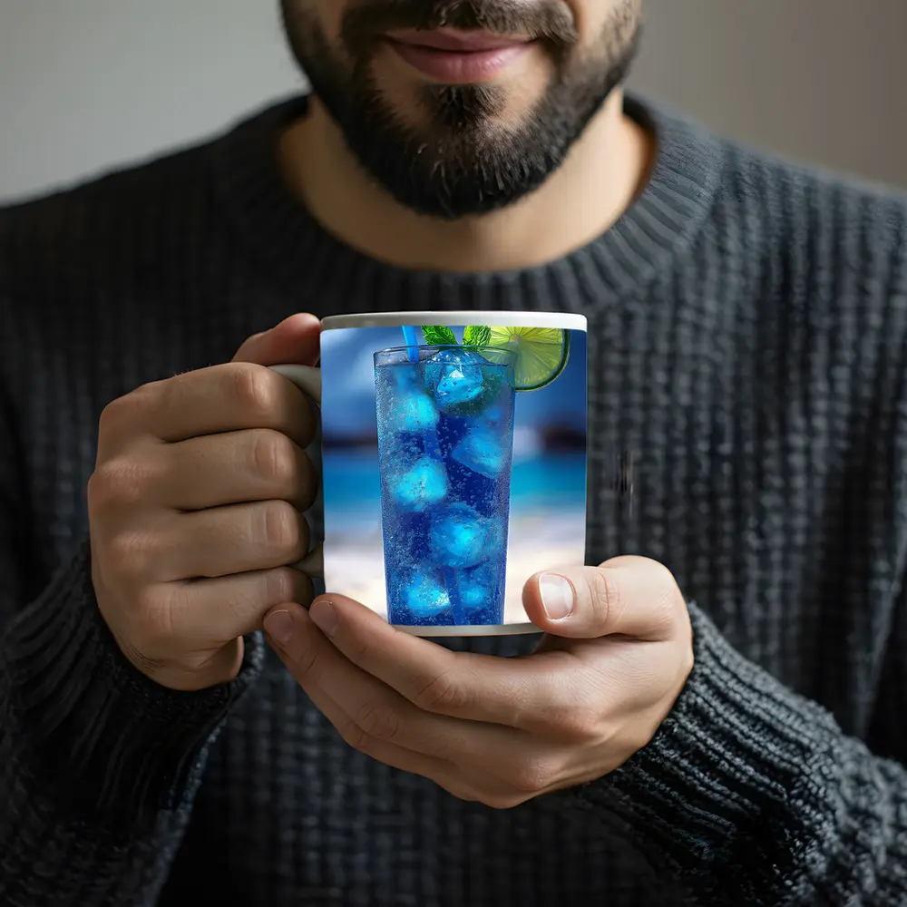 Blue Cocktail With Lime On Beach – Mugs