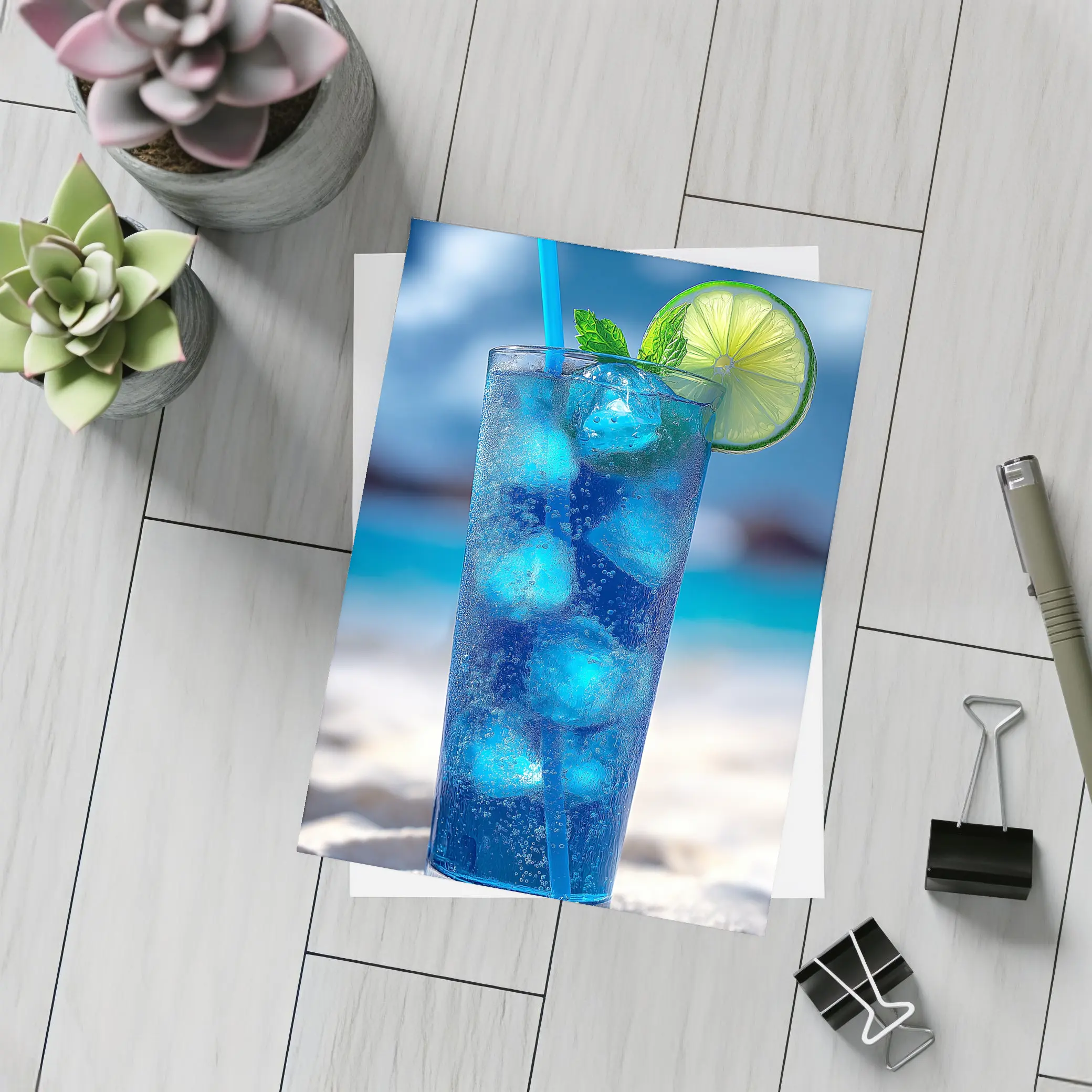 Blue Cocktail With Lime On Beach – Postcards