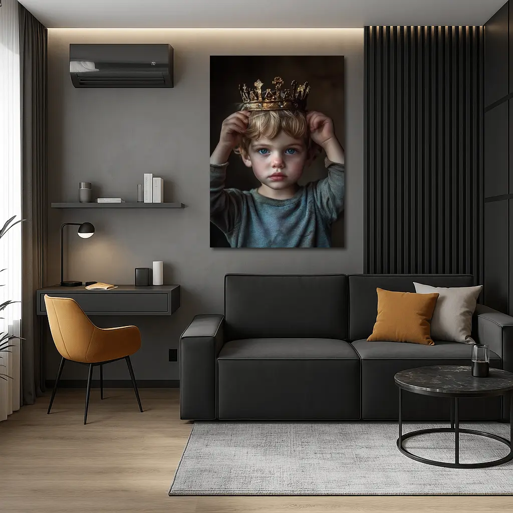 Young Boy Placing Crown Dark Background – Wall Art