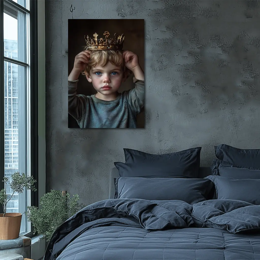 Young Boy Placing Crown Dark Background – Wall Art