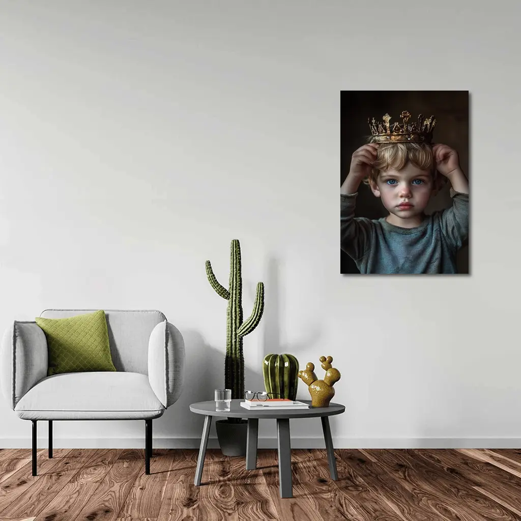 Young Boy Placing Crown Dark Background – Wall Art