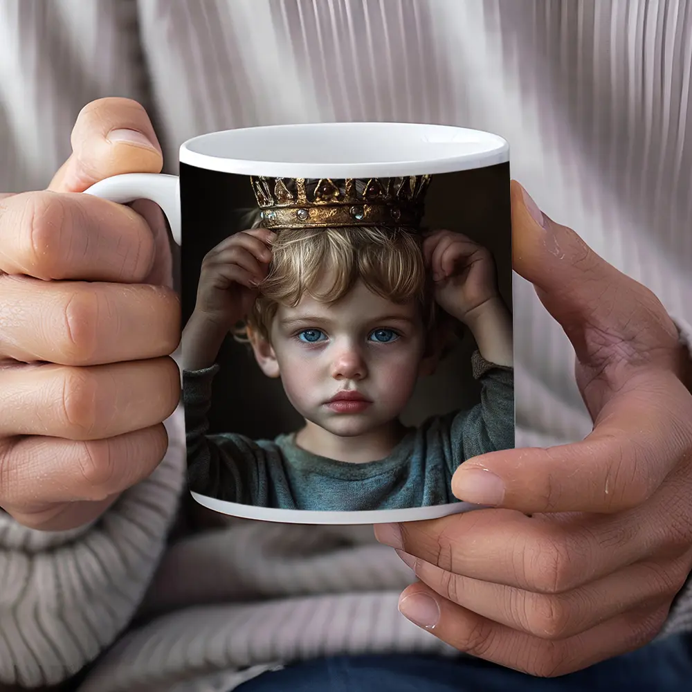 Young Boy Placing Crown Dark Background – Mugs
