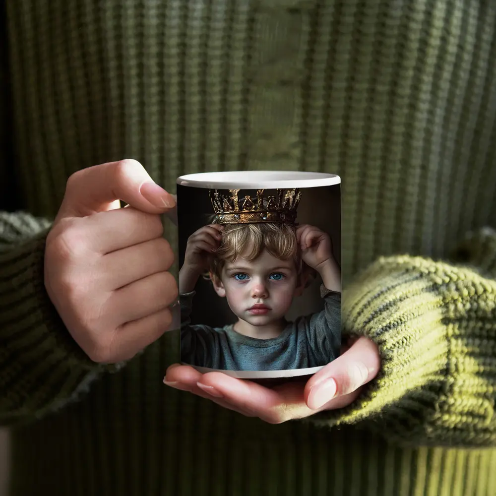 Young Boy Placing Crown Dark Background – Mugs