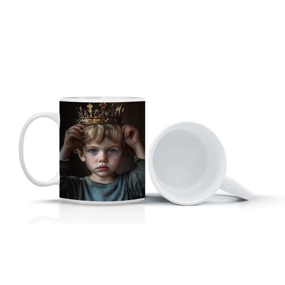 Young Boy Placing Crown Dark Background – Mugs