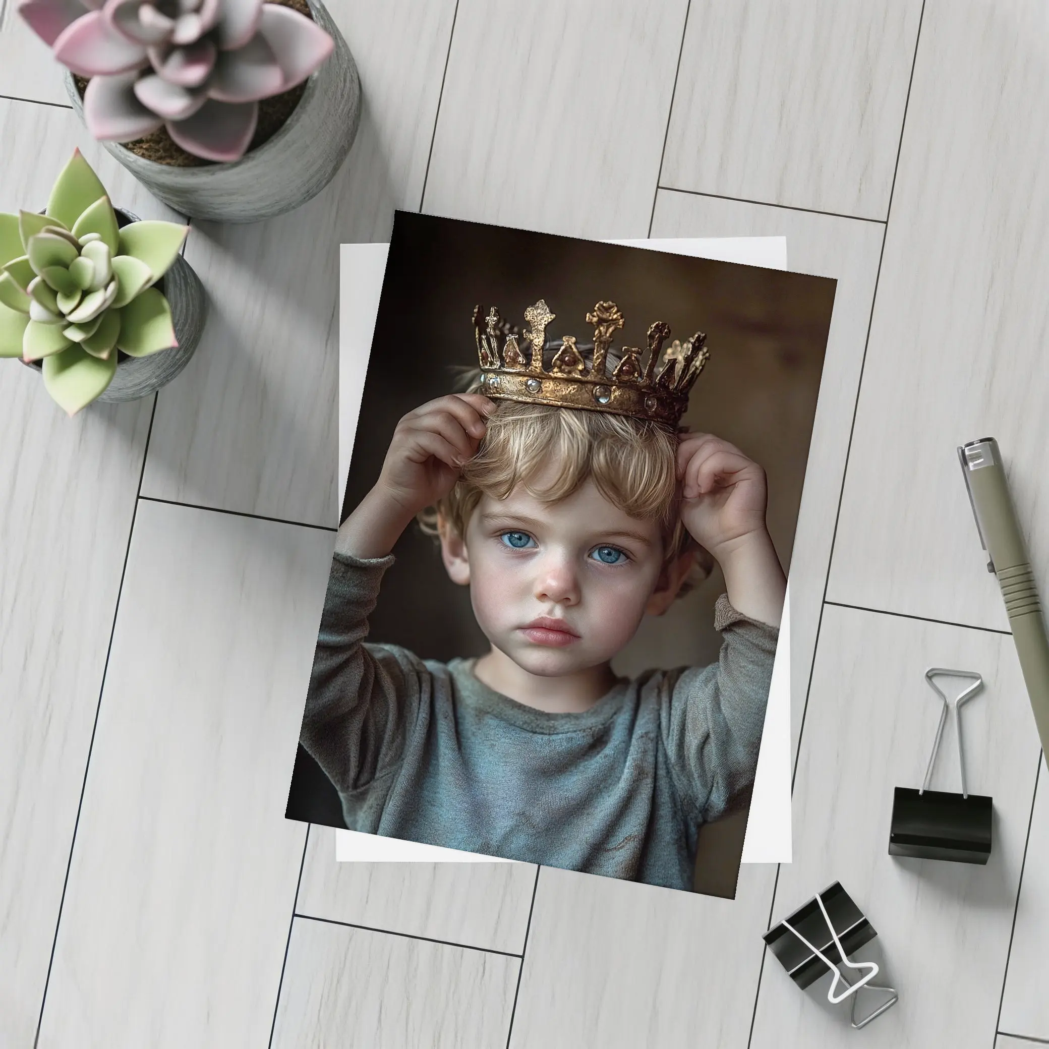 Young Boy Placing Crown Dark Background – Postcards