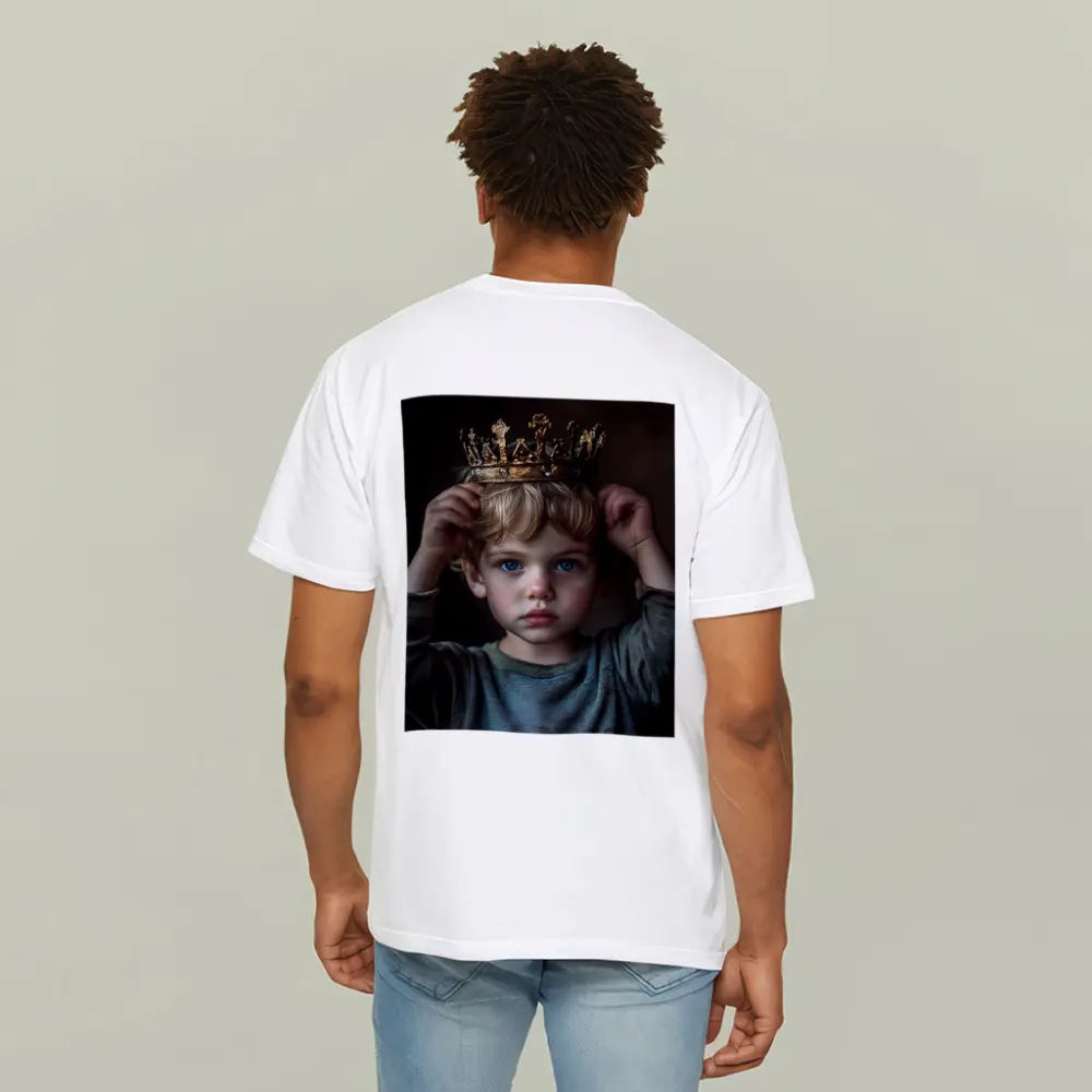 Young Boy Placing Crown Dark Background – T-Shirts