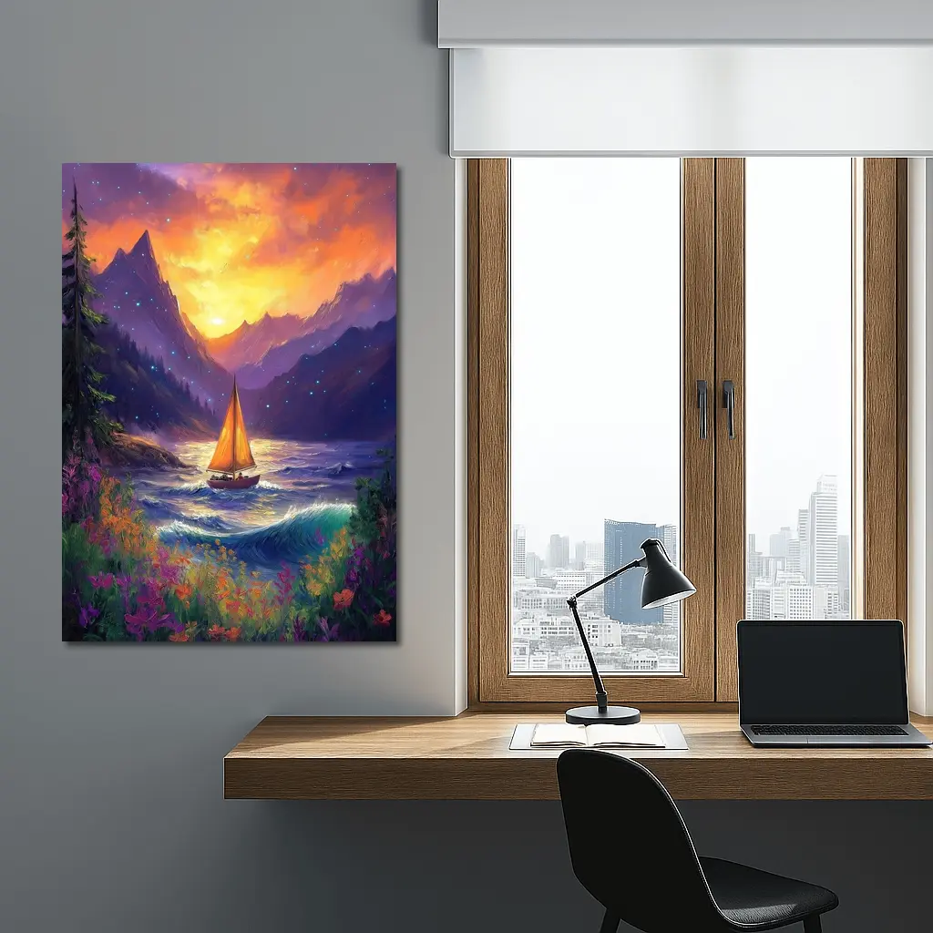 Sailboat Mountain Lake Oil Painting Art – Wall Art
