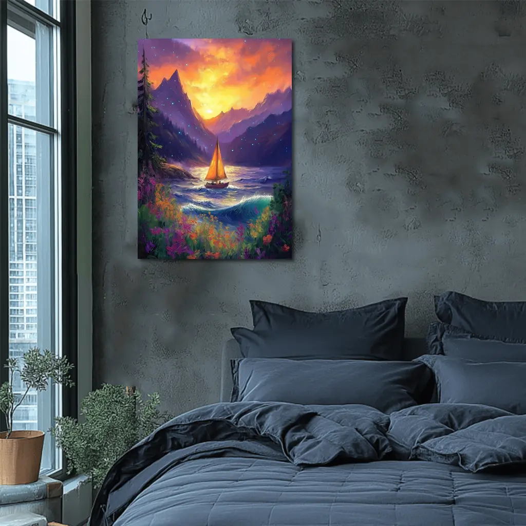 Sailboat Mountain Lake Oil Painting Art – Wall Art