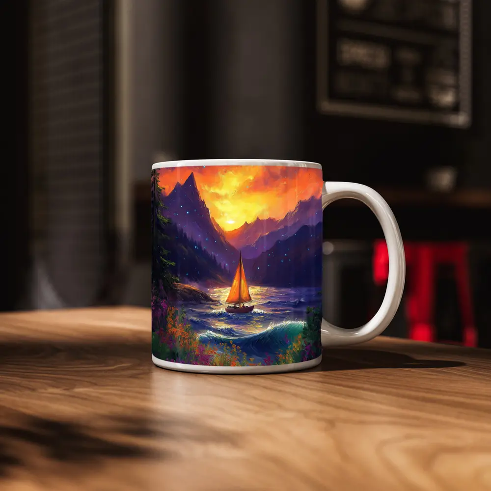 Sailboat Mountain Lake Oil Painting Art – Mugs