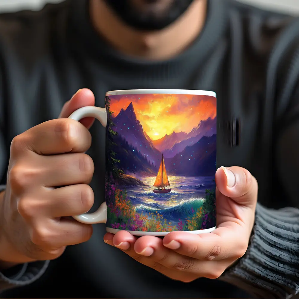 Sailboat Mountain Lake Oil Painting Art – Mugs