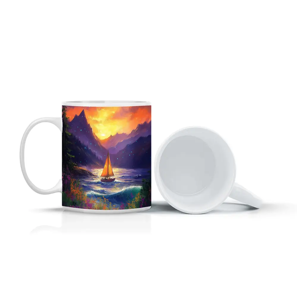 Sailboat Mountain Lake Oil Painting Art – Mugs