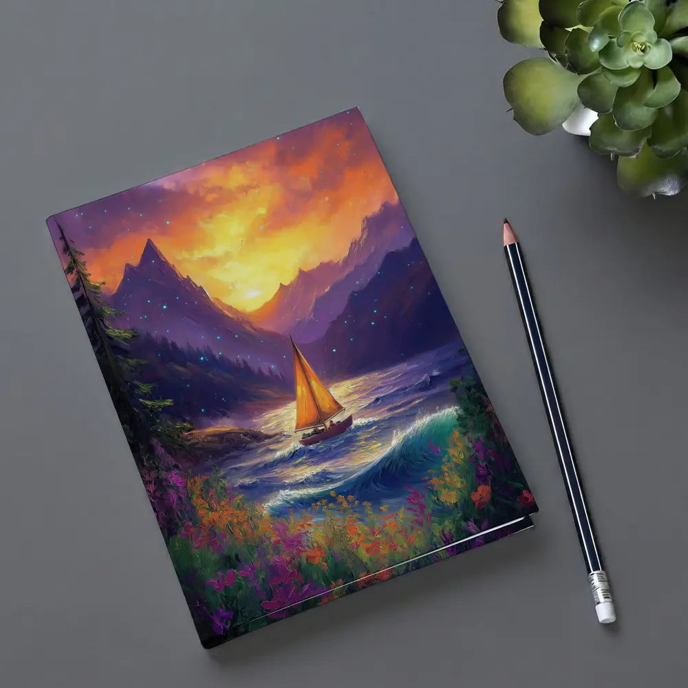 Sailboat Mountain Lake Oil Painting Art – Notebooks