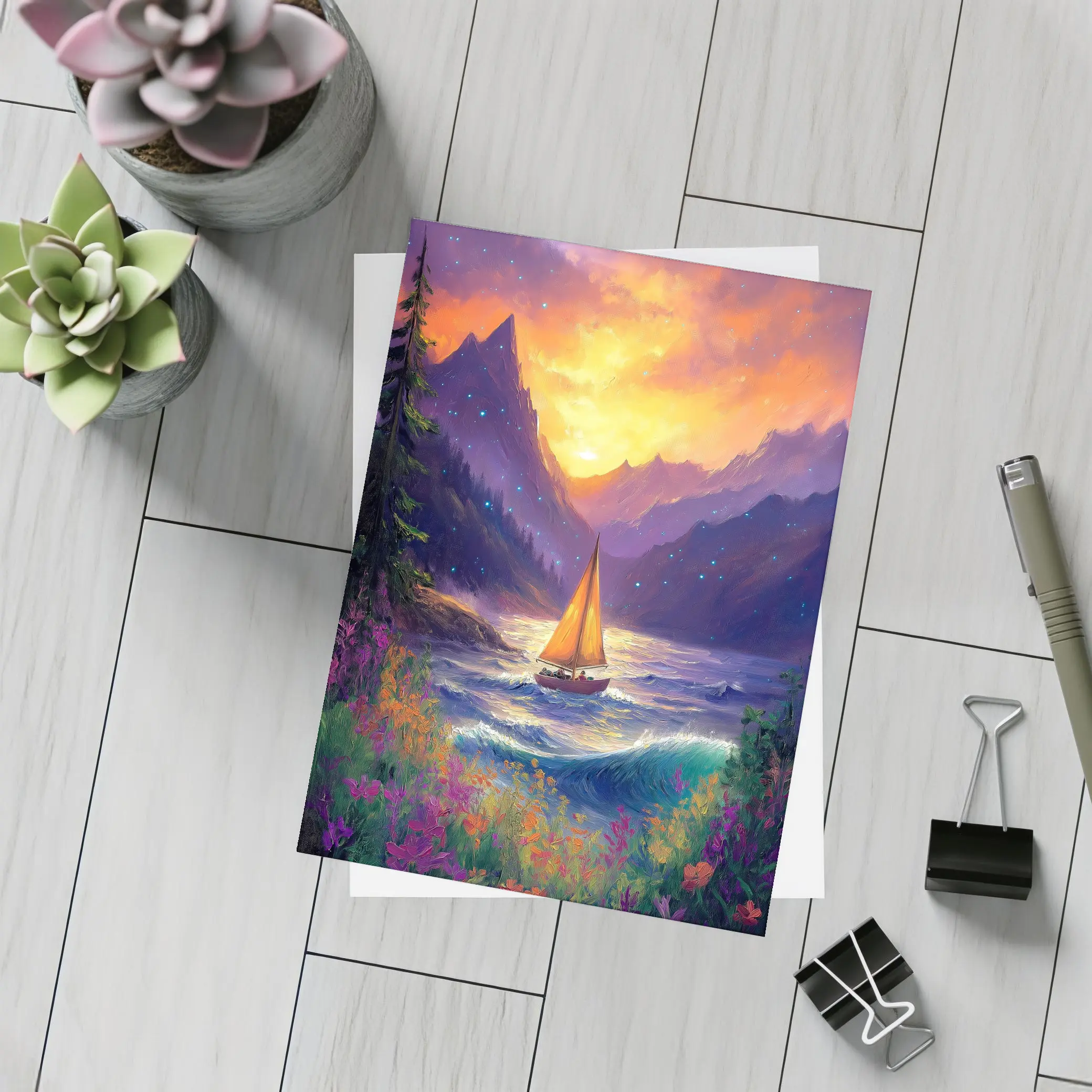Sailboat Mountain Lake Oil Painting Art – Postcards