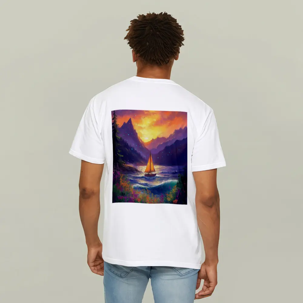 Sailboat Mountain Lake Oil Painting Art – T-Shirts