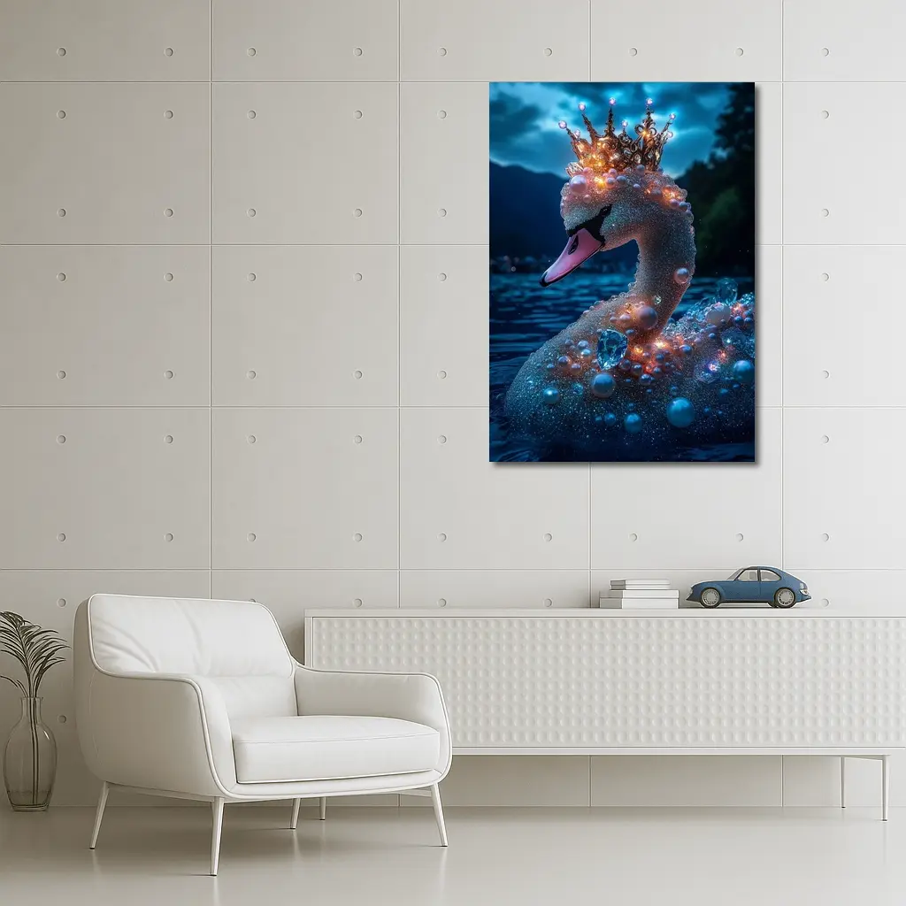 Royal Swan Crown Pearls Blue Night Lake – Wall Art