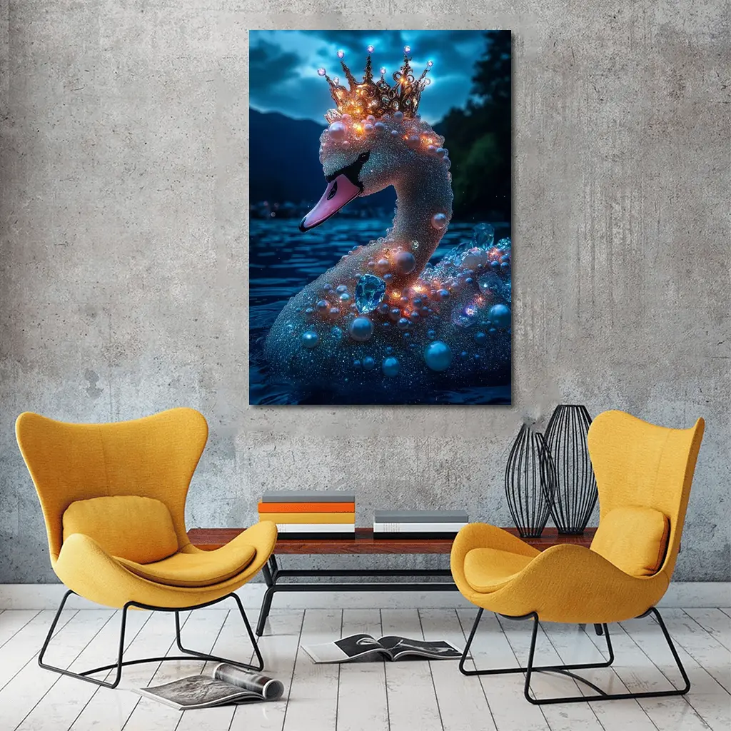 Royal Swan Crown Pearls Blue Night Lake – Wall Art